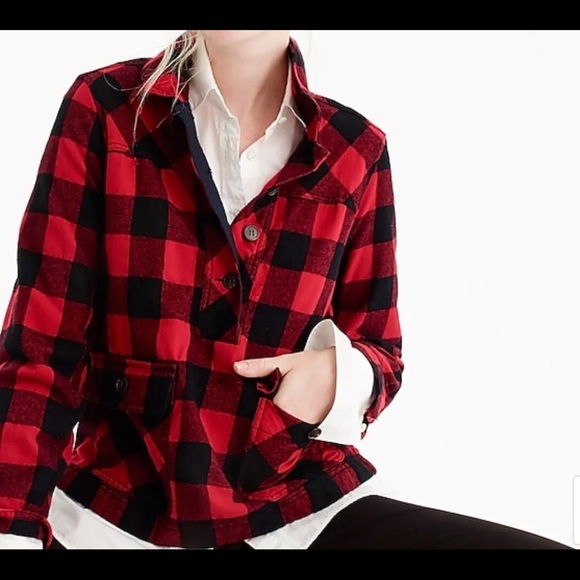 JCrew Wool Buffalo Check Plaid Half Button Up Pullover Shirt Jacket Shacket - Picture 2 of 13